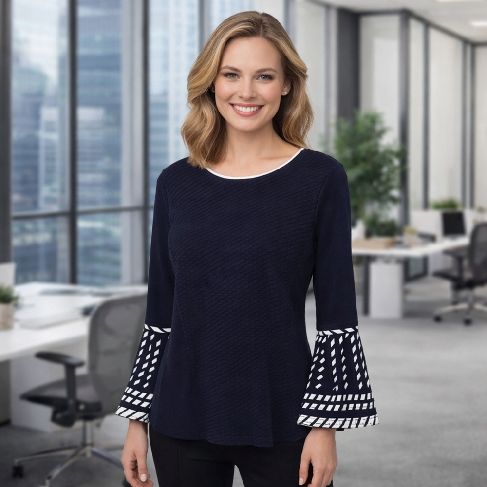NIC+ZOE Navy White Textured Sweater Bell Sleeve Cotton Rayon Knit Chic Classic